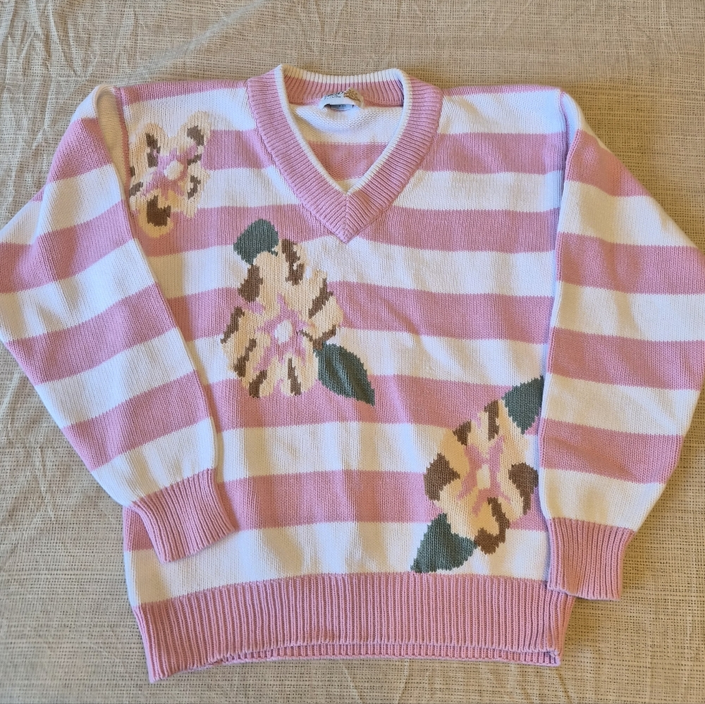 Vintage Izod Pink & White Striped Floral Cotton Sweater